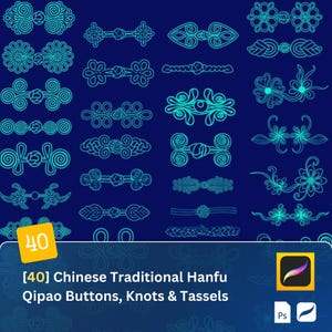 May include: A set of 40 blue and white Chinese traditional Hanfu Qipao buttons, knots, and tassels. The designs are intricate and detailed, featuring various shapes and patterns.