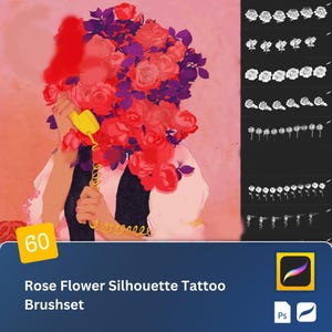 Rose Flower Silhouette Procreate & Photoshop Brushset Floral Tattoo, Embroidery, and Botanical Design Patterns for Illustrations Digital Art