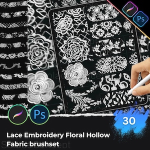 Puede incluir: Pinceles de arte digital para Procreate y Photoshop. La imagen muestra una tableta que muestra diseños florales de bordado de encaje blanco, incluyendo rosas y otros patrones florales. El texto en la parte inferior dice "Lace Embroidery Floral Hollow Fabric brushset" y el número "30".