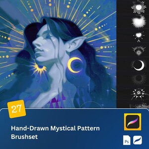 May include: A digital illustration of a woman with long dark hair and a crescent moon earring. The background is a dark blue with yellow stars and a burst of light. The image is part of a set of 27 hand-drawn mystical pattern brushes.