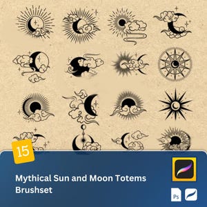 15 Mythical Sun and Moon Totems Procreate & Photoshop Brushset, Stars, and Magical Elements Perfect iPad Art ,Cute Decorative Illustrations