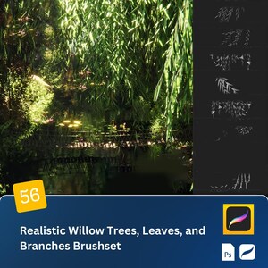 Puede incluir: Un conjunto de 56 pinceles digitales para Adobe Photoshop y Procreate, con árboles de sauce, hojas y ramas realistas. Los pinceles están diseñados para crear follaje de aspecto natural para el arte digital y las ilustraciones.