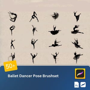 Puede incluir: Un conjunto de más de 50 pinceles de pose de bailarina de ballet en blanco y negro para arte digital. Los pinceles están diseñados para su uso en Adobe Photoshop y Procreate.