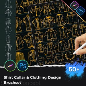 Op de afbeelding: Digitale illustratie van kraag- en kledingontwerpen. De afbeelding toont een tablet met gouden shirtontwerpen op een zwarte achtergrond. De tekst luidt "Shirt Collar & Clothing Design" en "50+". Logo's van Procreate en Photoshop zijn ook zichtbaar.