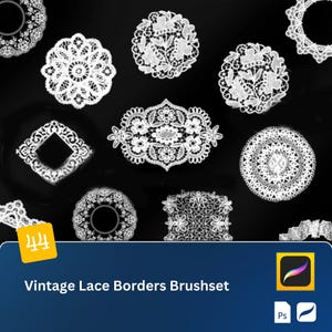 May include: A collection of white vintage lace border designs on a black background. The designs include circular, oval, and rectangular shapes with intricate floral and geometric patterns. The image also includes the text "Vintage Lace Borders Brushset".