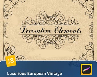 Luxurious European Vintage Designs Procreate & Photoshop Brushset Ornate Borders, Flourishes, and Classical Patterns for Elegant Art