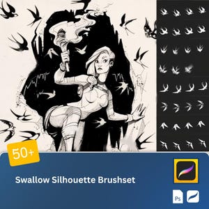 May include: A black and white illustration of a woman holding a torch, surrounded by a flock of flying swallows. The image includes the text "50+ Swallow Silhouette Brushset" and a Procreate app icon.