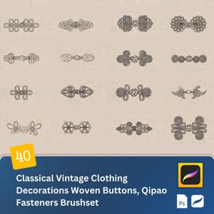 May include: Set of 40 black and white illustrations of vintage Chinese clothing fasteners, also known as woven buttons or frog closures. These decorative elements are often used on traditional garments like Qipao dresses.
