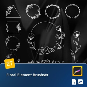 Op de afbeelding: Een set van 27 witte bloemenstift elementen voor digitale kunst. De elementen omvatten kransen, frames en individuele bloemen. De penseelset is compatibel met Procreate en Photoshop.