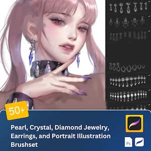Può includere: Un set di pennelli per illustrazione digitale per creare gioielli di perle, cristallo e diamanti, orecchini e illustrazioni di ritratti. Il set include oltre 50 pennelli ed è compatibile con Adobe Photoshop. L'immagine mostra una donna con i capelli rosa che indossa una collana e degli orecchini.