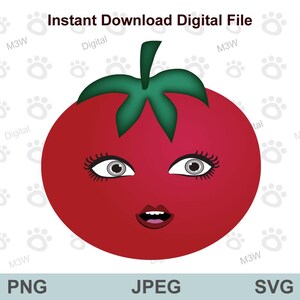 Tomate rojo femenino, clipart de tomate femenino feliz, ilustración de frutas y verduras, ilustración de tomate femenino, SVG, PNG JPEG, archivo digital Cricut