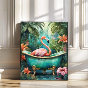 Flamingo i ett badkar, badrumskonsttryck, maximalistisk väggkonst, digitalt konsttryck färgglad dopaminkonst trendig dekor maximalism estetik bild 4