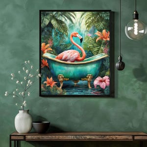 Flamingo i ett badkar, badrumskonsttryck, maximalistisk väggkonst, digitalt konsttryck färgglad dopaminkonst trendig dekor maximalism estetik bild 5