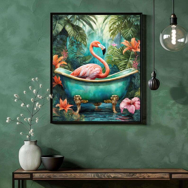 Flamingo i ett badkar, badrumskonsttryck, maximalistisk väggkonst, digitalt konsttryck färgglad dopaminkonst trendig dekor maximalism estetik bild 5
