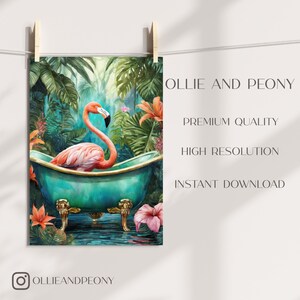 Flamingo i ett badkar, badrumskonsttryck, maximalistisk väggkonst, digitalt konsttryck färgglad dopaminkonst trendig dekor maximalism estetik bild 2
