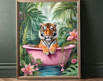 Tiger i ett badkar, badrumskonsttryck, maximalistisk väggkonst, digitalt konsttryck färgglad dopaminväggkonst trendig dekor maximalism estetik