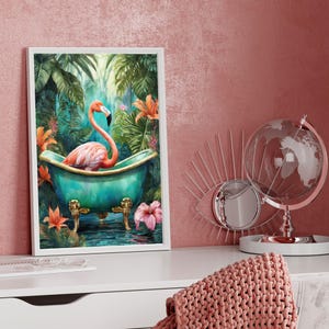 Flamingo i ett badkar, badrumskonsttryck, maximalistisk väggkonst, digitalt konsttryck färgglad dopaminkonst trendig dekor maximalism estetik bild 7