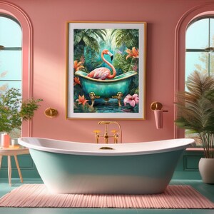 Flamingo i ett badkar, badrumskonsttryck, maximalistisk väggkonst, digitalt konsttryck färgglad dopaminkonst trendig dekor maximalism estetik bild 3