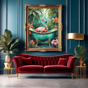 Flamingo i ett badkar, badrumskonsttryck, maximalistisk väggkonst, digitalt konsttryck färgglad dopaminkonst trendig dekor maximalism estetik bild 6