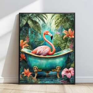 Flamingo i ett badkar, badrumskonsttryck, maximalistisk väggkonst, digitalt konsttryck färgglad dopaminkonst trendig dekor maximalism estetik bild 8