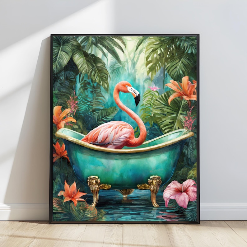 Flamingo i ett badkar, badrumskonsttryck, maximalistisk väggkonst, digitalt konsttryck färgglad dopaminkonst trendig dekor maximalism estetik bild 8
