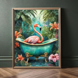 Flamingo i ett badkar, badrumskonsttryck, maximalistisk väggkonst, digitalt konsttryck färgglad dopaminkonst trendig dekor maximalism estetik bild 1