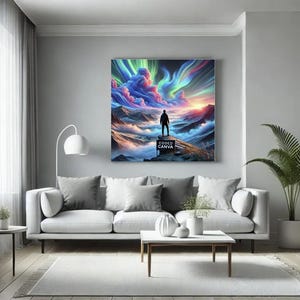Puede incluir: Una vibrante impresión en lienzo que representa una silueta humana frente a una colorida aurora boreal. La obra de arte presenta a una persona de pie sobre una montaña, con el texto "CODED CANVA" en un letrero. La paleta de colores incluye azules, morados y naranjas.
