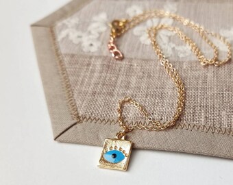 Evil Eye Square Coin Necklace, Protection Amulet Necklace, Blue Evil Eye Pendant, Good Luck Jewelry for Her, Gold Plated Square Coin Pendant