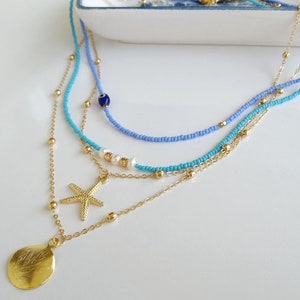 Medallion Layering Necklace, Boho Medallion Pendant, Coin Necklace, Gold Multistrand Necklace, Boho Turquoise Jewelry, Starfish Necklace Full Set of 4