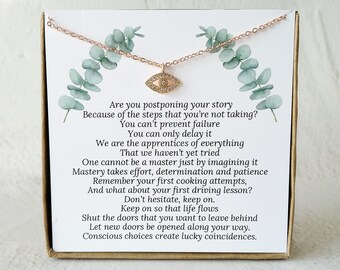 Spiritual Gift Necklace with Encouragement Message Dainty Necklace with Card Motivational Small Gift for Her Gold Plated Eye Necklace