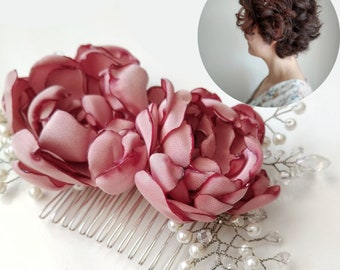 Peony Floral Hair Comb, Bridal Hair Piece, Bridal Fascinator, Pink Floral Headpiece, Flower Hair Piece with Pearls, Peony Wedding Hair Comb