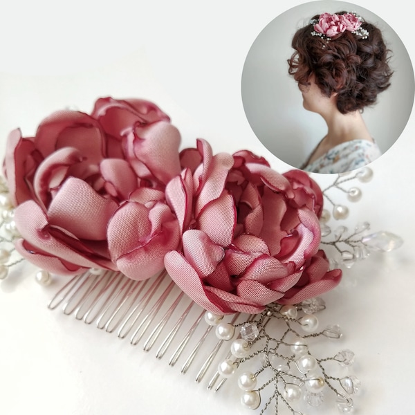 Peony Floral Hair Comb, Bridal Hair Piece, Bridal Fascinator, Pink Floral Headpiece, Flower Hair Piece with Pearls, Peony Wedding Hair Comb