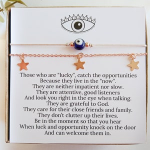 Luck Charm Bracelets, Evil Eye Luck Bracelet Set, Unique Small Gift for Her, Be in this Moment Goods, Inspirational Quote Gift, Luck Jewelry image 1