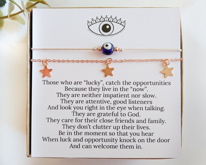 Luck Charm Bracelets, Evil Eye Luck Bracelet Set, Unique Small Gift for Her, Be in this Moment Goods, Inspirational Quote Gift, Luck Jewelry image 1