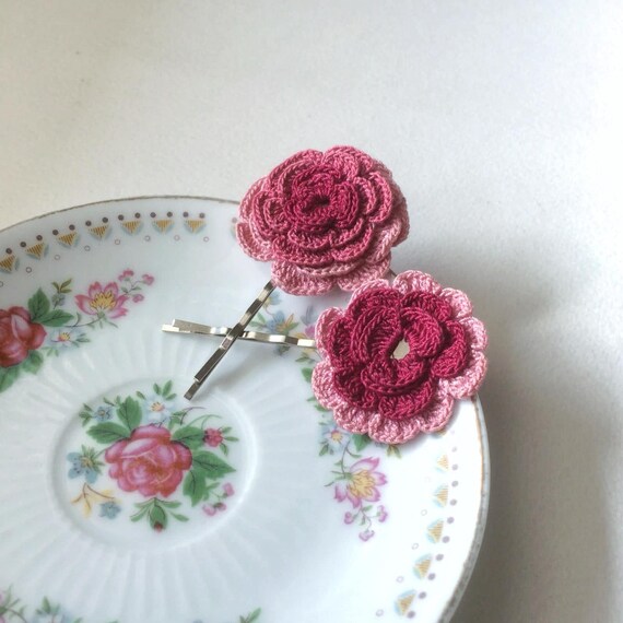 Crochet Flowers Hair Pin Set Pink Hair Clip For Toddler Girl Etsy