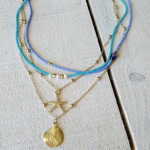 Medallion Layering Necklace, Boho Medallion Pendant, Coin Necklace, Gold Multistrand Necklace, Boho Turquoise Jewelry, Starfish Necklace image 5