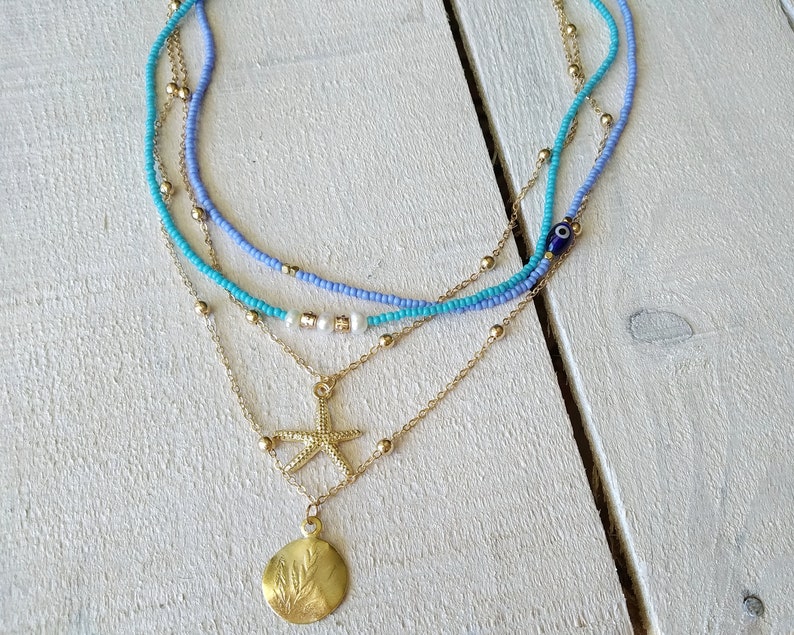 Medallion Layering Necklace, Boho Medallion Pendant, Coin Necklace, Gold Multistrand Necklace, Boho Turquoise Jewelry, Starfish Necklace image 5