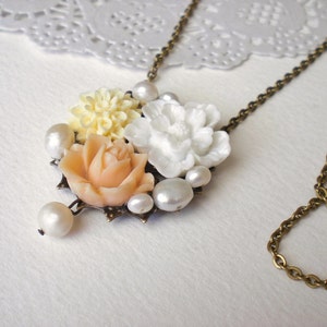 Floral Sakura Necklace, Sakura Jewelry, Nature Inspired Colorful Necklace, Floral Pearl Necklace, Peach Rose Necklace, Peach Palette Jewelry image 5