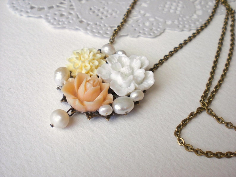 Floral Sakura Necklace, Sakura Jewelry, Nature Inspired Colorful Necklace, Floral Pearl Necklace, Peach Rose Necklace, Peach Palette Jewelry image 5