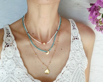 Celestial Jewelry, Crescent Moon Necklace, Medallion Stacking Necklace, Boho Luck Jewelry, Boho Gold Layering Set, Beaded Charm Necklaces