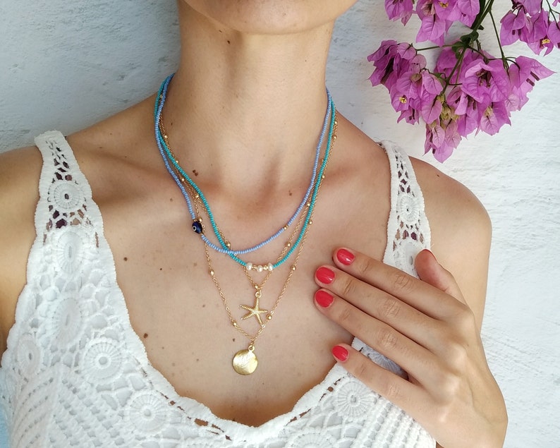 Medallion Layering Necklace, Boho Medallion Pendant, Coin Necklace, Gold Multistrand Necklace, Boho Turquoise Jewelry, Starfish Necklace image 1