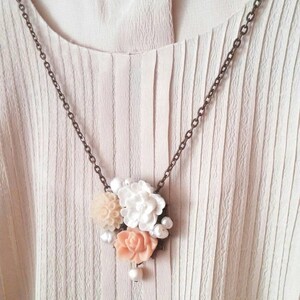 Floral Sakura Necklace, Sakura Jewelry, Nature Inspired Colorful Necklace, Floral Pearl Necklace, Peach Rose Necklace, Peach Palette Jewelry image 3