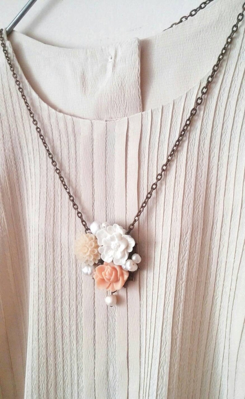 Floral Sakura Necklace, Sakura Jewelry, Nature Inspired Colorful Necklace, Floral Pearl Necklace, Peach Rose Necklace, Peach Palette Jewelry image 3