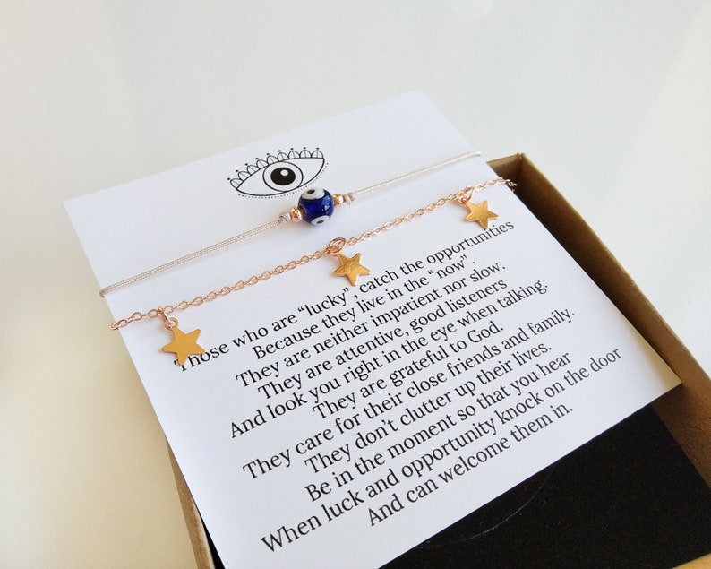 Luck Charm Bracelets, Evil Eye Luck Bracelet Set, Unique Small Gift for Her, Be in this Moment Goods, Inspirational Quote Gift, Luck Jewelry image 4