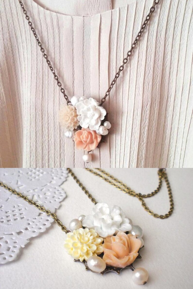 Floral Sakura Necklace, Sakura Jewelry, Nature Inspired Colorful Necklace, Floral Pearl Necklace, Peach Rose Necklace, Peach Palette Jewelry image 7