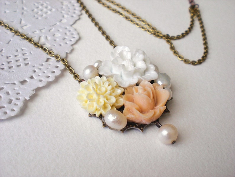 Floral Sakura Necklace, Sakura Jewelry, Nature Inspired Colorful Necklace, Floral Pearl Necklace, Peach Rose Necklace, Peach Palette Jewelry image 6