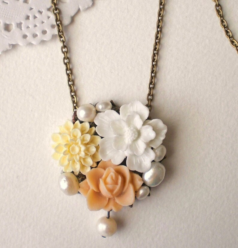 Floral Sakura Necklace, Sakura Jewelry, Nature Inspired Colorful Necklace, Floral Pearl Necklace, Peach Rose Necklace, Peach Palette Jewelry image 1