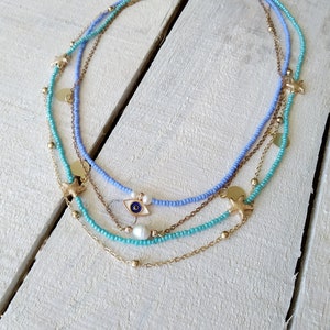 Evil Eye Multi Strand Necklace, Evil Eye Layering Necklace Set, Boho Sequin Layering Set, Blue Beaded Boho Jewelry, Multi Layer Charm Set image 4