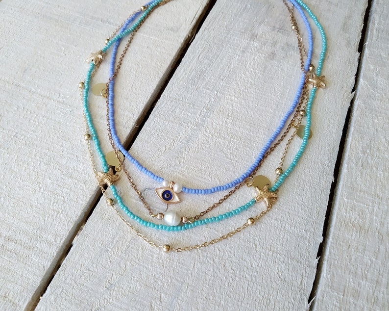 Evil Eye Multi Strand Necklace, Evil Eye Layering Necklace Set, Boho Sequin Layering Set, Blue Beaded Boho Jewelry, Multi Layer Charm Set image 4