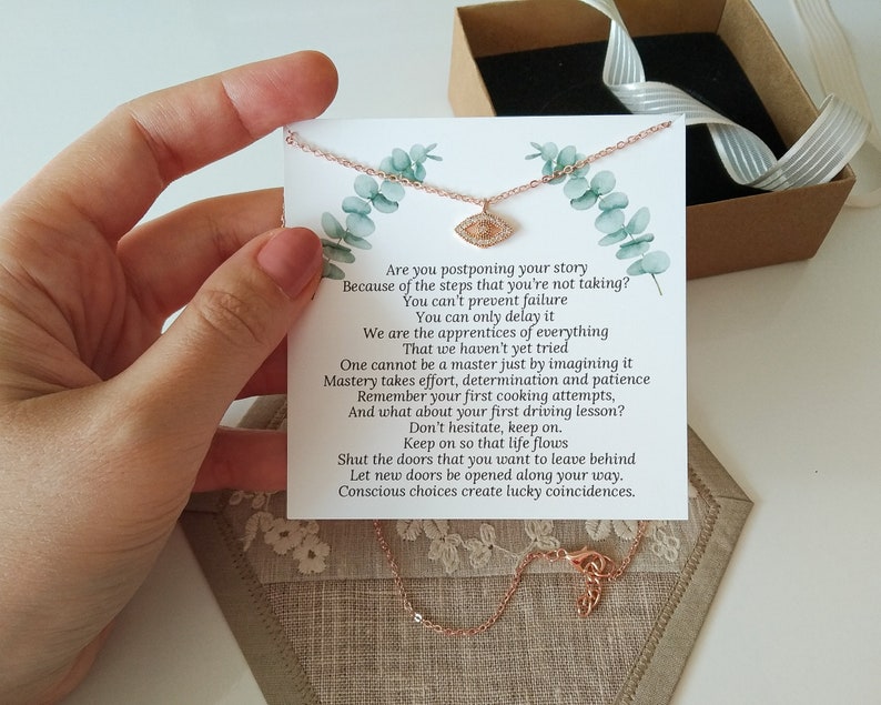 Spiritual Gift Necklace with Encouragement Message Dainty Necklace with Card Motivational Small Gift for Her Gold Plated Eye Necklace